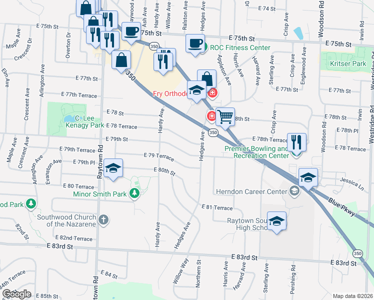 map of restaurants, bars, coffee shops, grocery stores, and more near 10509 East 79th Street in Raytown