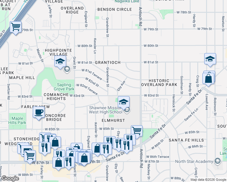 map of restaurants, bars, coffee shops, grocery stores, and more near 8241 Grandview Street in Overland Park