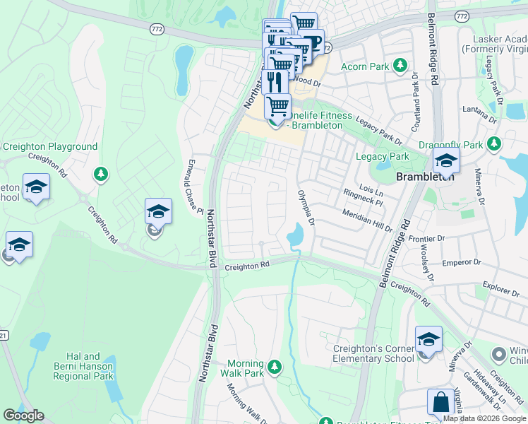 map of restaurants, bars, coffee shops, grocery stores, and more near 23069 Cottonwillow Square in Brambleton