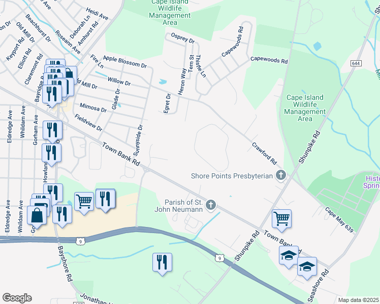 map of restaurants, bars, coffee shops, grocery stores, and more near 21 Summer Circle in Cape May