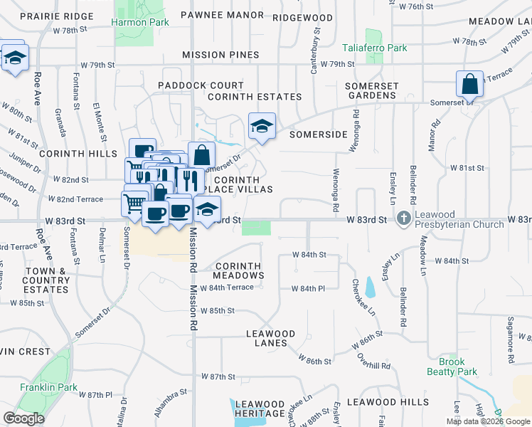 map of restaurants, bars, coffee shops, grocery stores, and more near 3500 West 83rd Street in Prairie Village