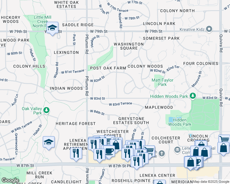 map of restaurants, bars, coffee shops, grocery stores, and more near 8218 Noland Road in Lenexa