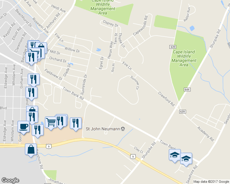 map of restaurants, bars, coffee shops, grocery stores, and more near 21 Summer Circle in Cape May