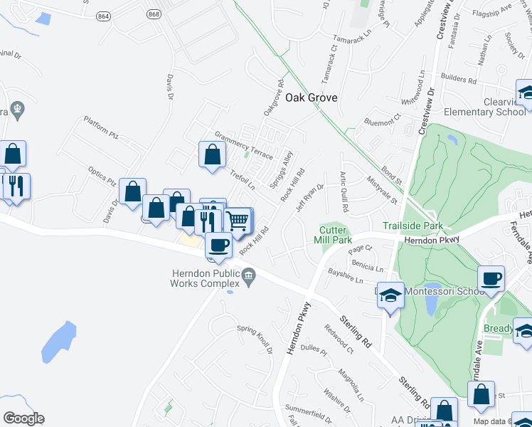 map of restaurants, bars, coffee shops, grocery stores, and more near 23009 Potomac Hill Square in Sterling