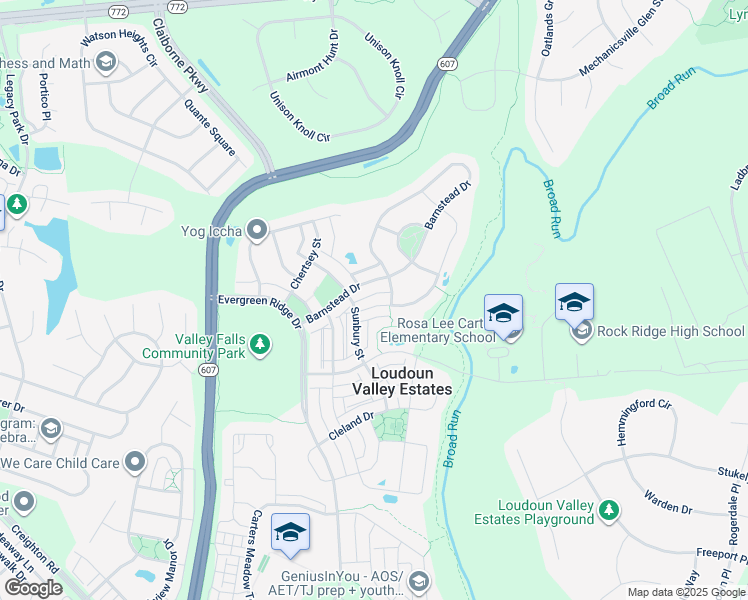 map of restaurants, bars, coffee shops, grocery stores, and more near 23069 Weybridge Square in Broadlands