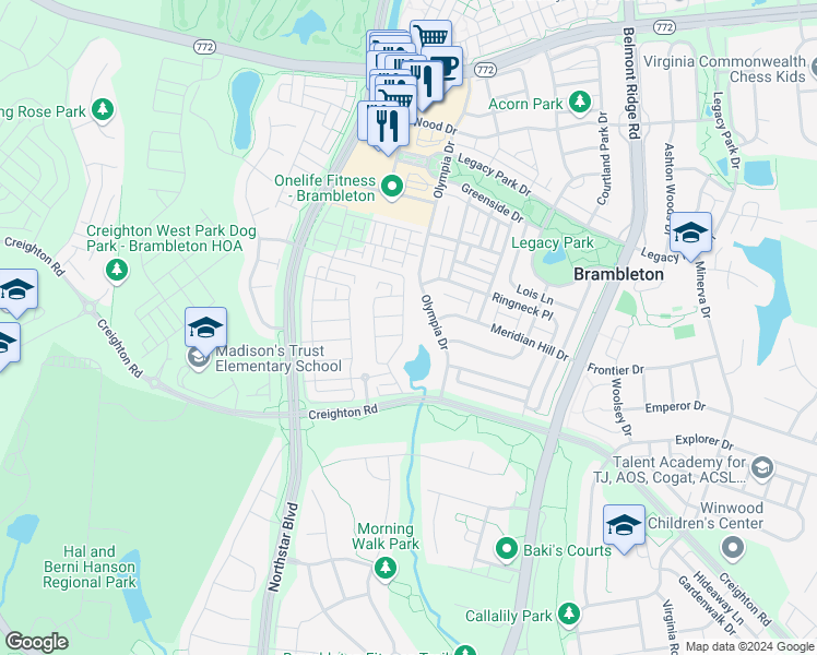 map of restaurants, bars, coffee shops, grocery stores, and more near 23056 Sullivans Cove Square in Brambleton