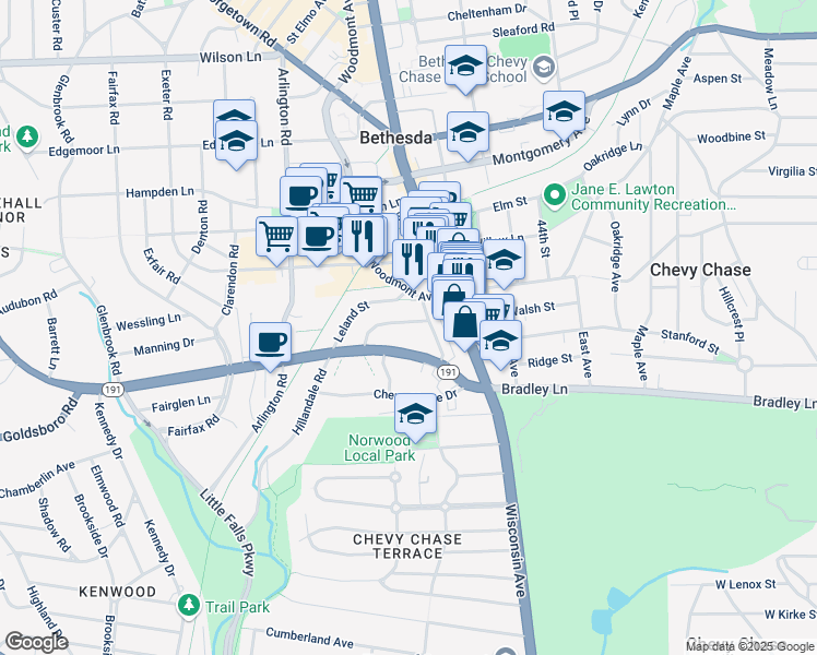 map of restaurants, bars, coffee shops, grocery stores, and more near 4808 Wellington Drive in Bethesda