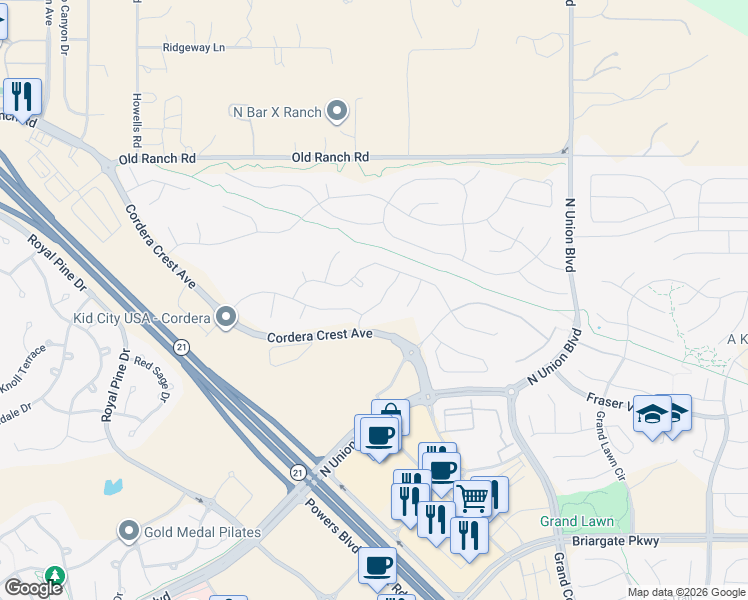 map of restaurants, bars, coffee shops, grocery stores, and more near 10072 Edgemont Ranch Lane in Colorado Springs