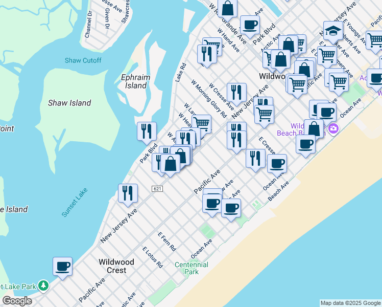 map of restaurants, bars, coffee shops, grocery stores, and more near 5918 New Jersey Avenue in Wildwood Crest