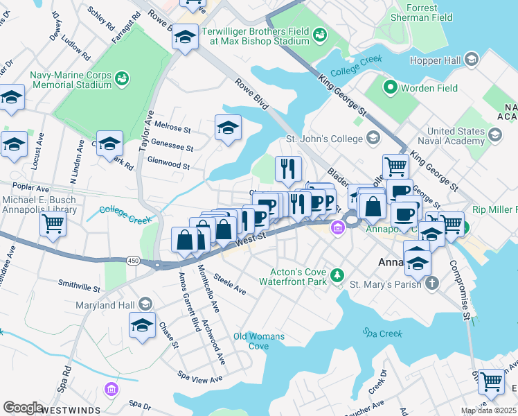 map of restaurants, bars, coffee shops, grocery stores, and more near 100 Obery Court in Annapolis