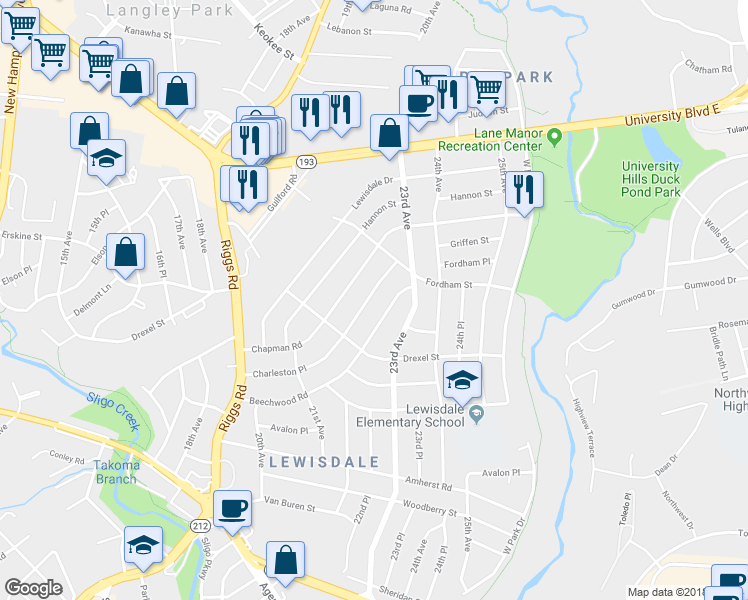 map of restaurants, bars, coffee shops, grocery stores, and more near 2217 Charleston Place in Hyattsville