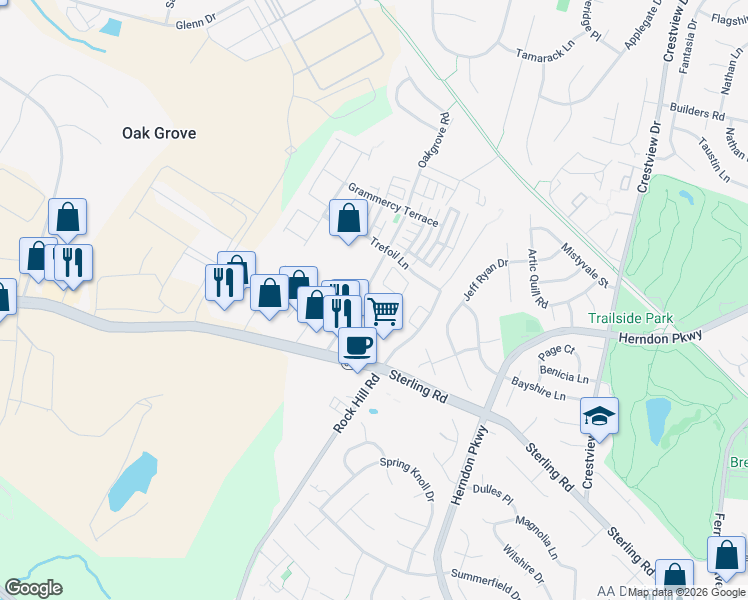 map of restaurants, bars, coffee shops, grocery stores, and more near 46010 Caraway Terrace in Sterling