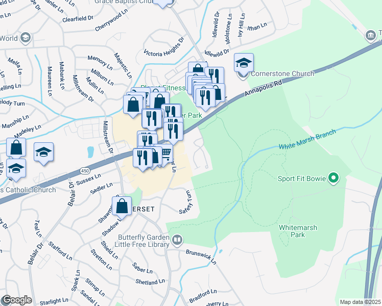map of restaurants, bars, coffee shops, grocery stores, and more near 3244 Scarlet Oak Terrace in Bowie