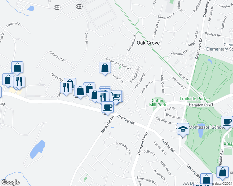 map of restaurants, bars, coffee shops, grocery stores, and more near 46012 Caraway Terrace in Sterling
