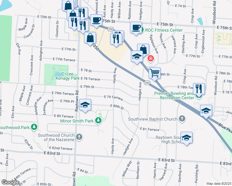 map of restaurants, bars, coffee shops, grocery stores, and more near 7905 Hardy Avenue in Raytown