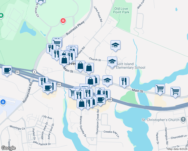 map of restaurants, bars, coffee shops, grocery stores, and more near 501 Main Street in Stevensville