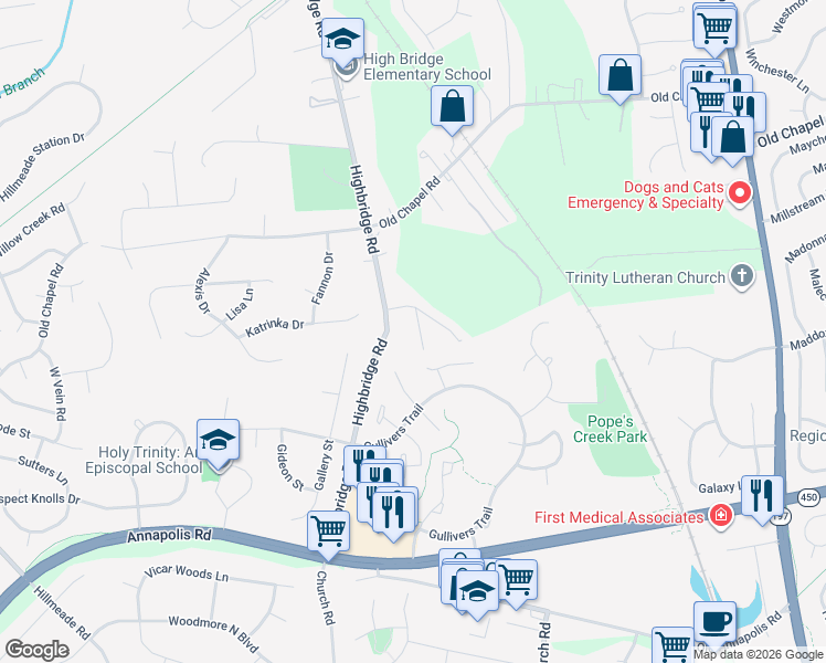 map of restaurants, bars, coffee shops, grocery stores, and more near 6500 Solar Avenue in Bowie
