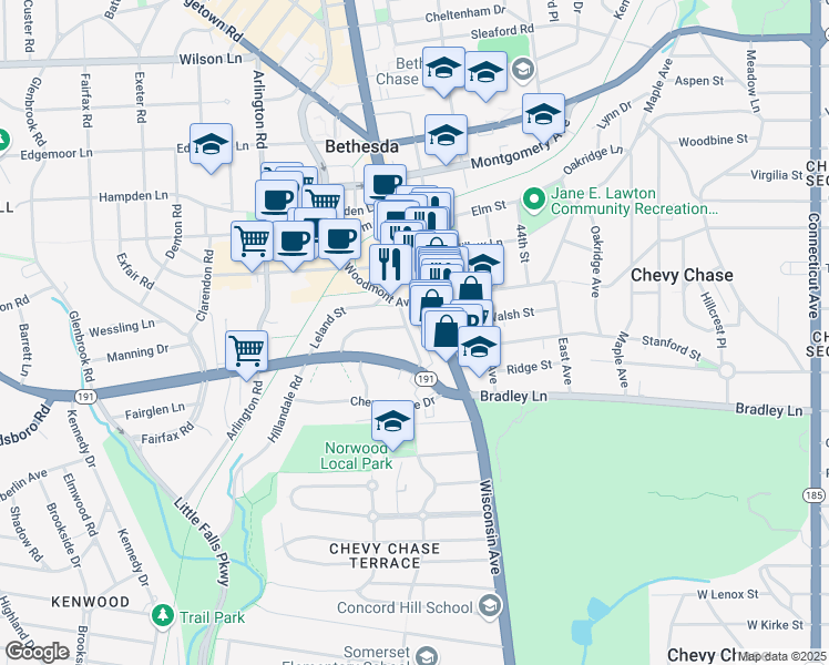 map of restaurants, bars, coffee shops, grocery stores, and more near 7025 Strathmore Street in Bethesda