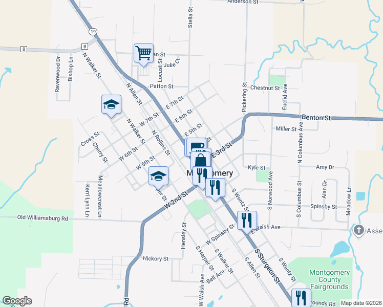 map of restaurants, bars, coffee shops, grocery stores, and more near 394 Missouri 19 in Montgomery City