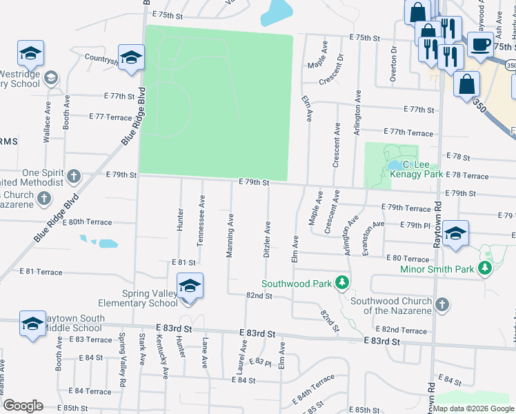 map of restaurants, bars, coffee shops, grocery stores, and more near 7924 Ditzler Avenue in Raytown