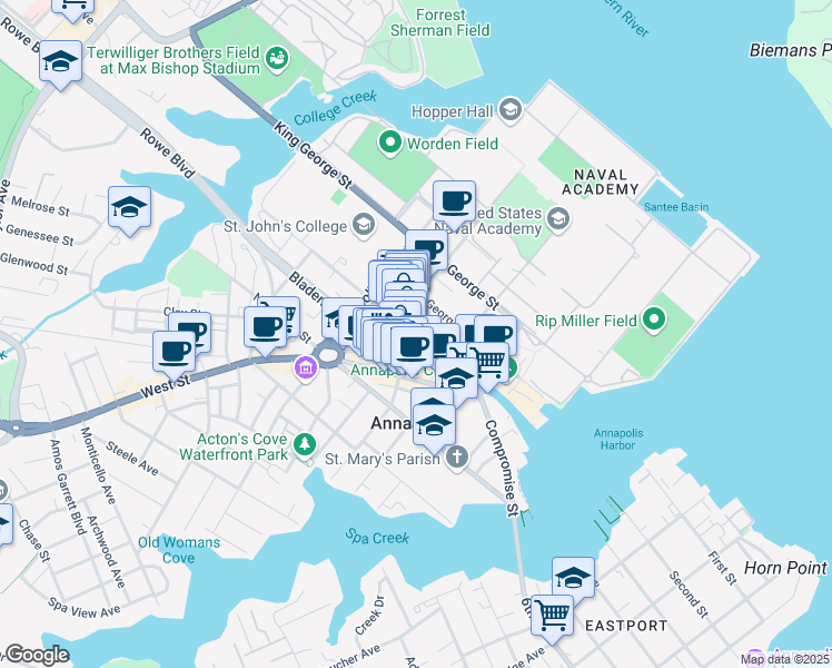 map of restaurants, bars, coffee shops, grocery stores, and more near 108 East Street in Annapolis