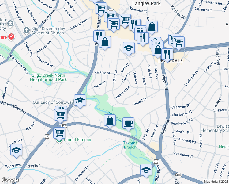 map of restaurants, bars, coffee shops, grocery stores, and more near 7215 15th Avenue in Takoma Park