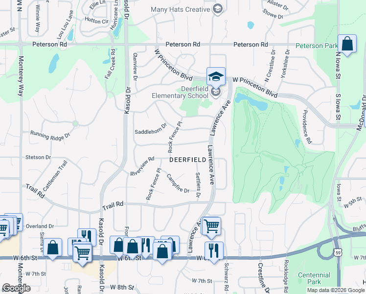 map of restaurants, bars, coffee shops, grocery stores, and more near 3027 Longhorn Drive in Lawrence