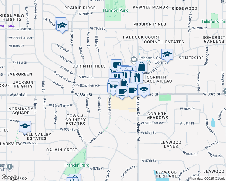 map of restaurants, bars, coffee shops, grocery stores, and more near 4200 West 83rd Street in Prairie Village