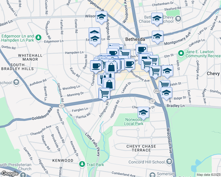 map of restaurants, bars, coffee shops, grocery stores, and more near 6935 Arlington Road in Bethesda