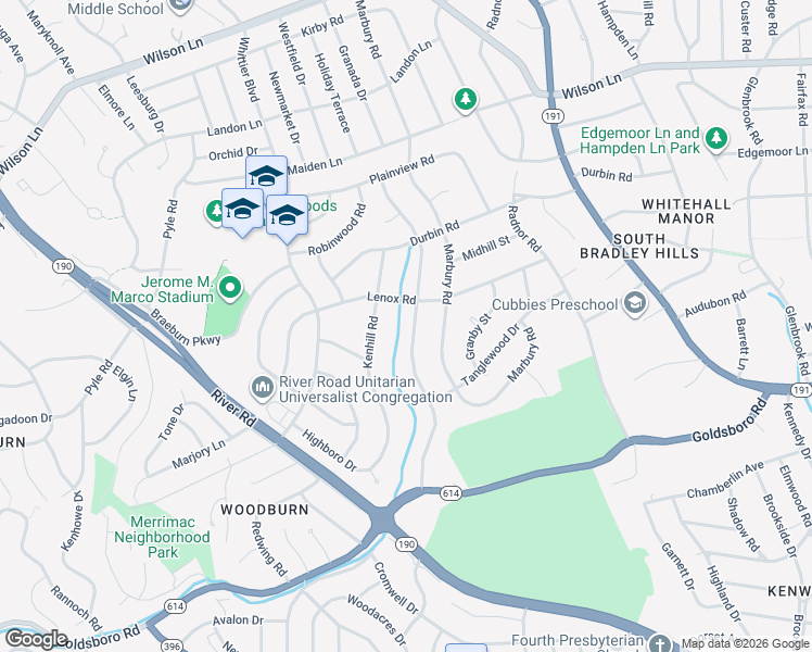 map of restaurants, bars, coffee shops, grocery stores, and more near 6912 Millwood Road in Bethesda