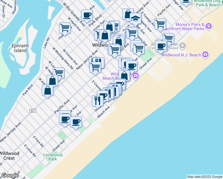 map of restaurants, bars, coffee shops, grocery stores, and more near 5200 Ocean Avenue in Wildwood