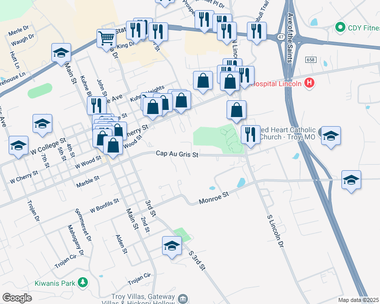 map of restaurants, bars, coffee shops, grocery stores, and more near 635 Cap Au Gris Street in Troy