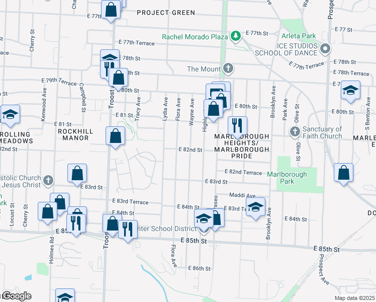 map of restaurants, bars, coffee shops, grocery stores, and more near 1603 East 82nd Street in Kansas City
