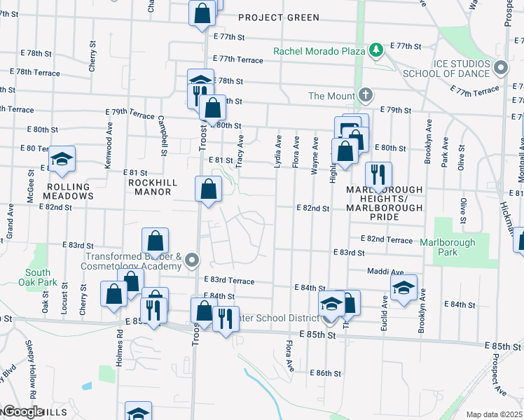 map of restaurants, bars, coffee shops, grocery stores, and more near 1316 East 82nd Terrace in Kansas City