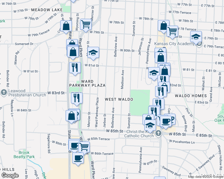 map of restaurants, bars, coffee shops, grocery stores, and more near 8200 Belleview Avenue in Kansas City