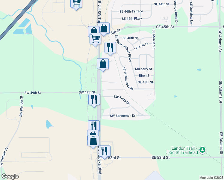 map of restaurants, bars, coffee shops, grocery stores, and more near 232 Southwest Terra Drive in Topeka