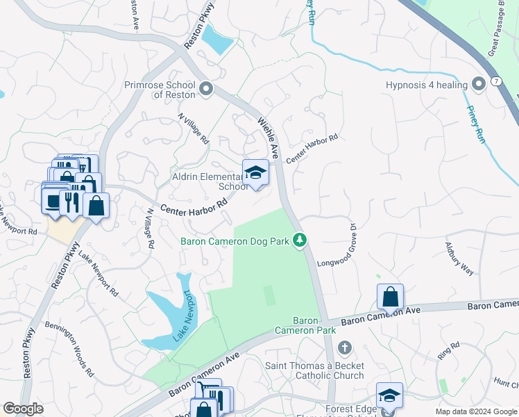 map of restaurants, bars, coffee shops, grocery stores, and more near 11375 Center Harbor Road in Reston