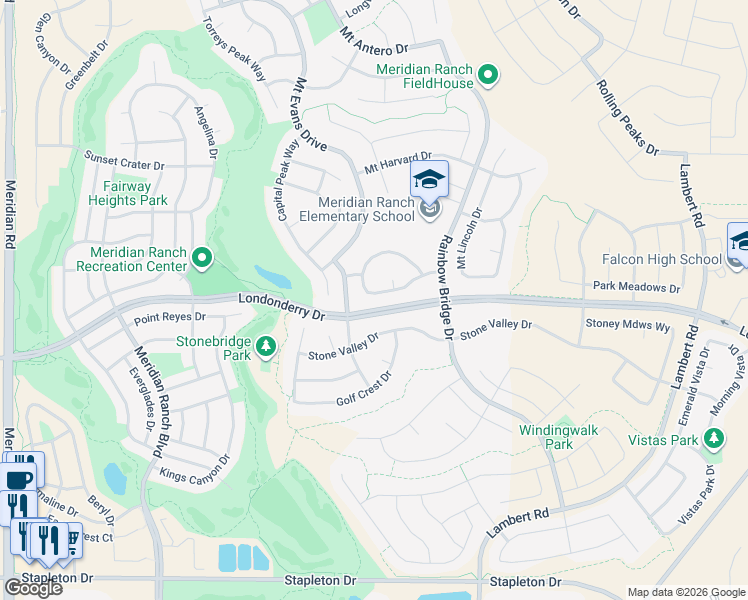 map of restaurants, bars, coffee shops, grocery stores, and more near 12579 Handles Peak Way in Peyton