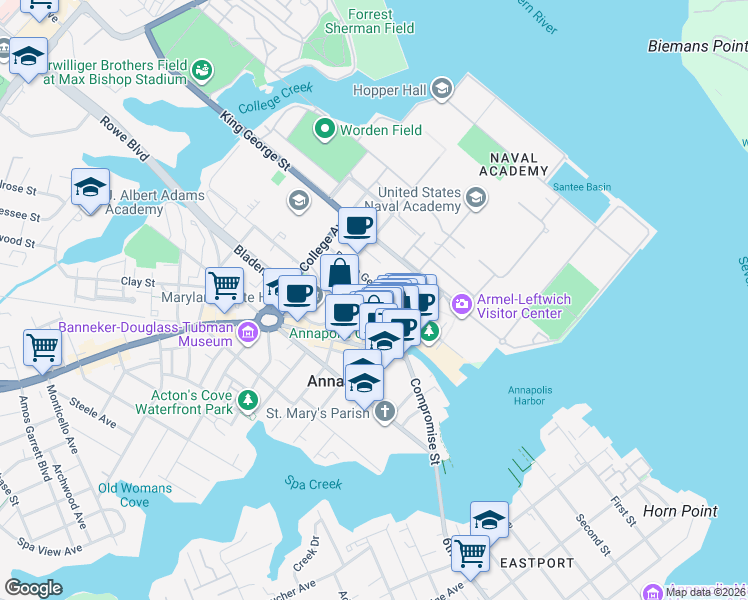 map of restaurants, bars, coffee shops, grocery stores, and more near 70 East Street in Annapolis
