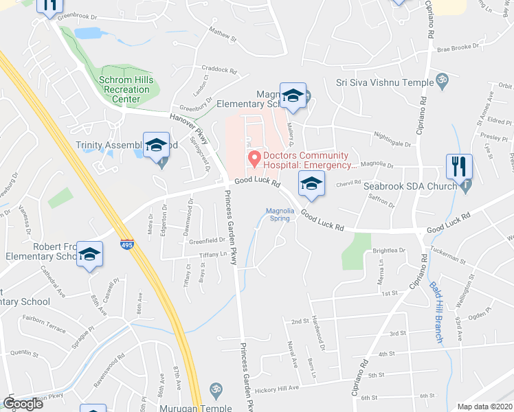 map of restaurants, bars, coffee shops, grocery stores, and more near 6511 Princess Garden Parkway in Lanham