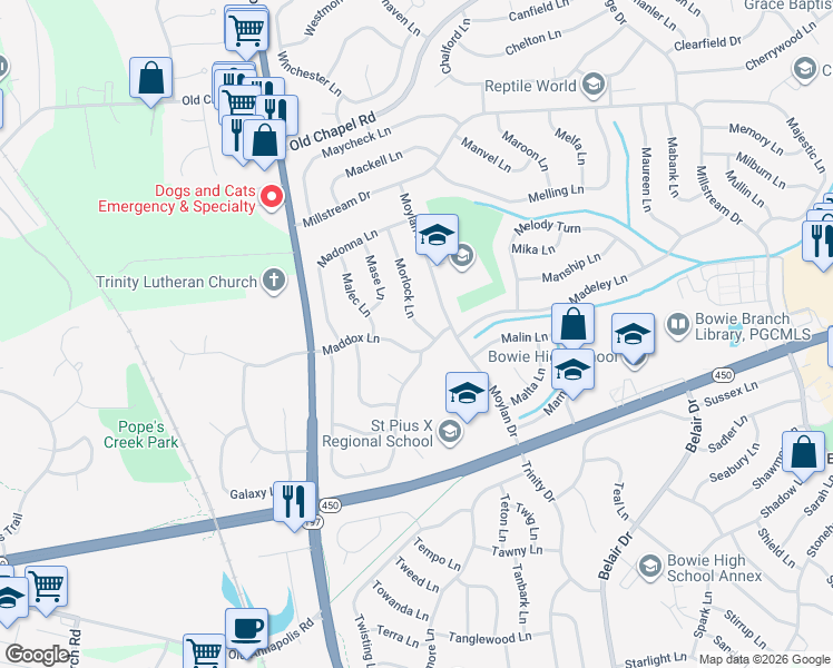 map of restaurants, bars, coffee shops, grocery stores, and more near 3402 Morlock Lane in Bowie