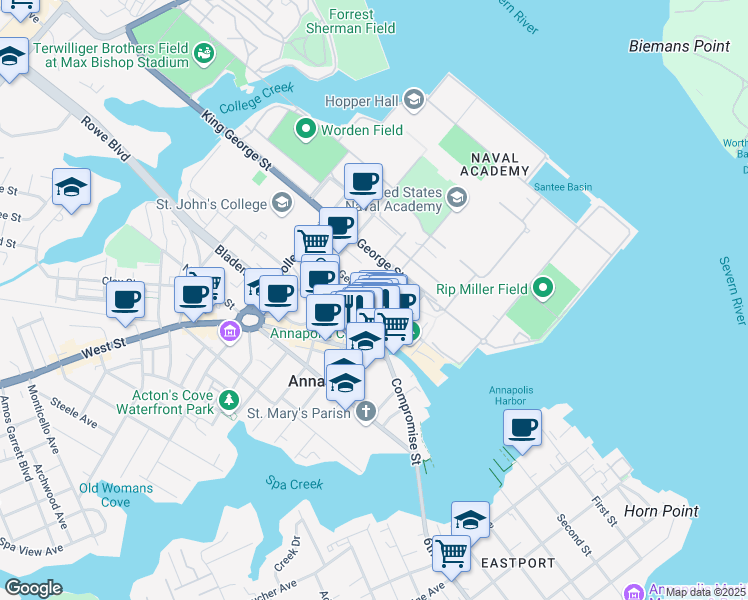 map of restaurants, bars, coffee shops, grocery stores, and more near East Street in Annapolis