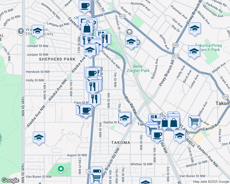 map of restaurants, bars, coffee shops, grocery stores, and more near 700 Geranium Street Northwest in Washington
