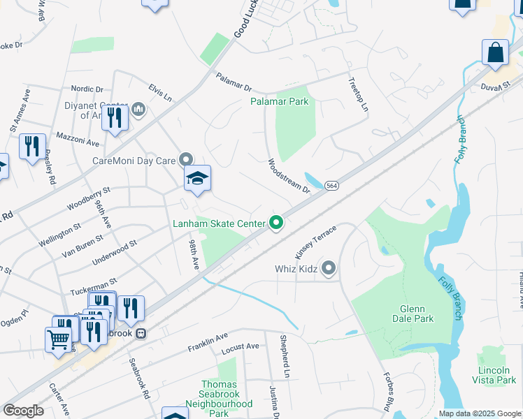 map of restaurants, bars, coffee shops, grocery stores, and more near 9913 Santa Cruz Street in Lanham