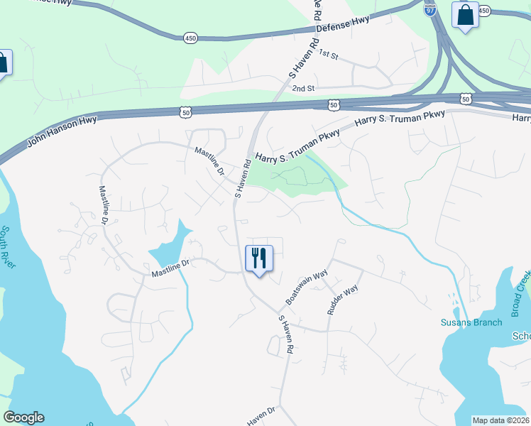 map of restaurants, bars, coffee shops, grocery stores, and more near 2566 Forest Knoll in Annapolis