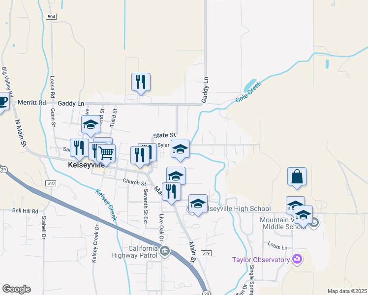 map of restaurants, bars, coffee shops, grocery stores, and more near 4455 Sylar Lane in Kelseyville