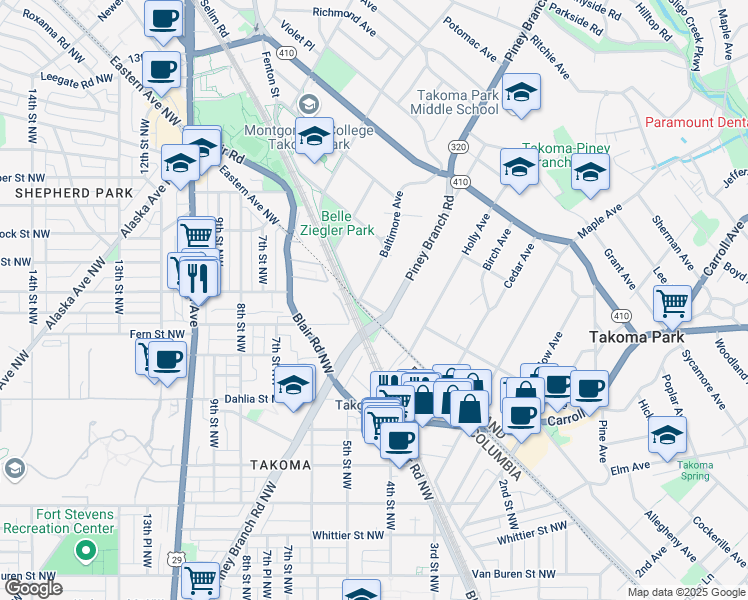 map of restaurants, bars, coffee shops, grocery stores, and more near 7307 Takoma Avenue in Takoma Park