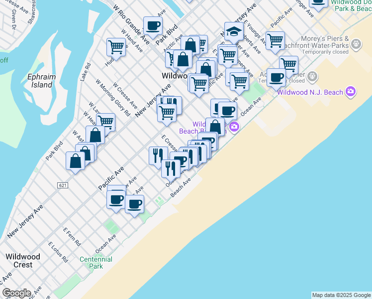 map of restaurants, bars, coffee shops, grocery stores, and more near 5301 Atlantic Avenue in Wildwood