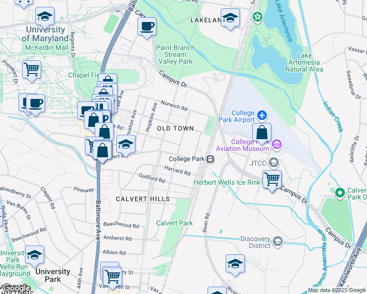 map of restaurants, bars, coffee shops, grocery stores, and more near 7303 Dartmouth Avenue in College Park