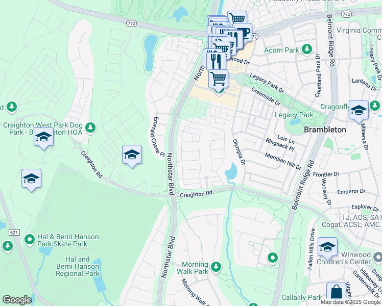map of restaurants, bars, coffee shops, grocery stores, and more near 42297 Crawford Terrace in Brambleton